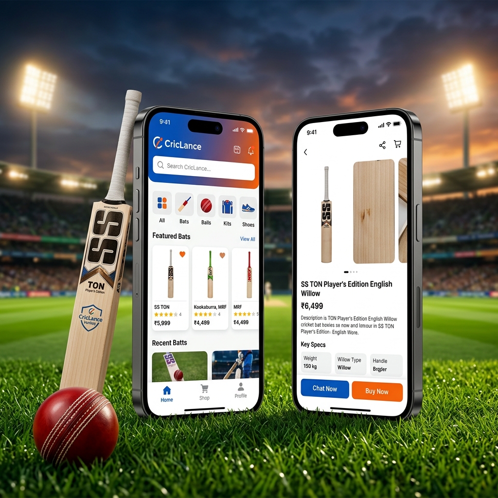 CricLance App - Stadium Background, Bat & Leather Ball Showcase